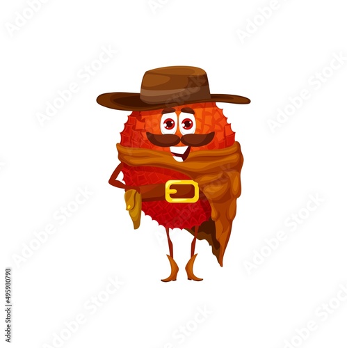 Cartoon lychee bandit or robber character. Vector cowboy ranger tropical fruit, wild west hero in hat, boots, bandana and holster on belt. Western personage, lychee horseman cowboy