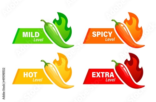 Hot spicy level labels of vector spice food or sauce with mild, extra, spicy and hot taste scale indicators. Isolated chili pepper, jalapeno, cayenne and habanero with red, orange, green, yellow fire