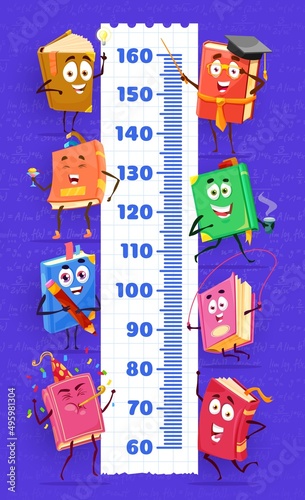 Cartoon bestseller books and textbooks characters on kids height chart. Kindergarten children growth measure ruler with joyful books personages. Child height meter vector background or sticker
