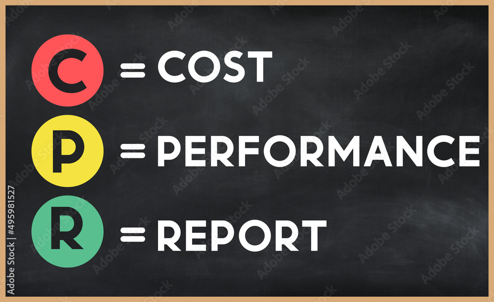 Cost performance report - CPR acronym written on chalkboard, business acronyms. Cost performance report - CPR acronym written on chalkboard, business acronyms.