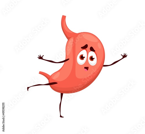 Human funny cartoon stomach character, isolated vector mascot of anatomy science. Cute organ of healthy digestive system, happy stomach emoji with esophagus having fun and dancing, gastroenterology