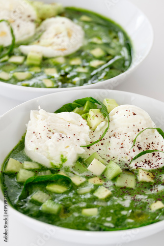salad with green sauce and burrata cheese