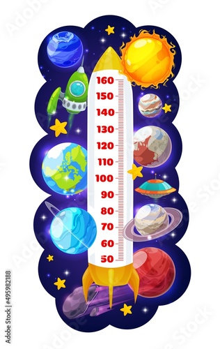 Kids height chart meter with space rocket, ships, planets, asteroid and Sun. Cartoon vector growth measure scale with shuttle take off in outer space. Wall sticker for height measurement with rocket