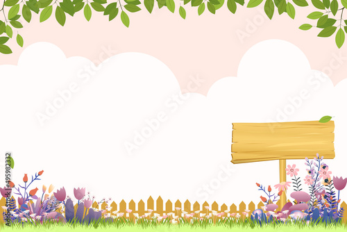 Spring background of flower field, wood fence, green leaves border on pink sky,Vector banner with copy space of cute Summer scene with wooden banner and flowers blooming ,Easter,Holiday season concept