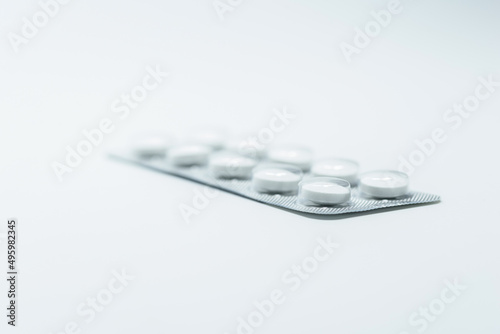 Tablets, pills in blister packs, drugs. Isolated on white background. 