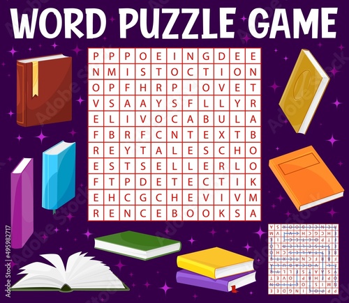 Books and literature, word search puzzle game worksheet, vector quiz grid. Kids education riddle game to search and fond word with book of poetry, novel or detective with vocabulary and fairy tale
