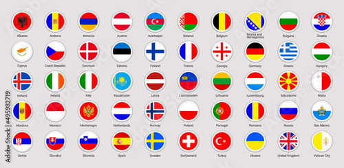 Europe flags vector illustration. European countries rounded national icons. EU official flags set with state name. UK, Germany, France, Italy, Ukraine simple badges. Isolated circle geometric shapes