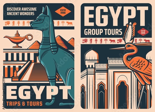 Egypt retro travel posters. Touristic trip, tours to ancient culture landmarks retro banners with Valley of the Kings necropolis, pyramids of Giza and mosque, cat, Bennu god heron bird in Atef crown