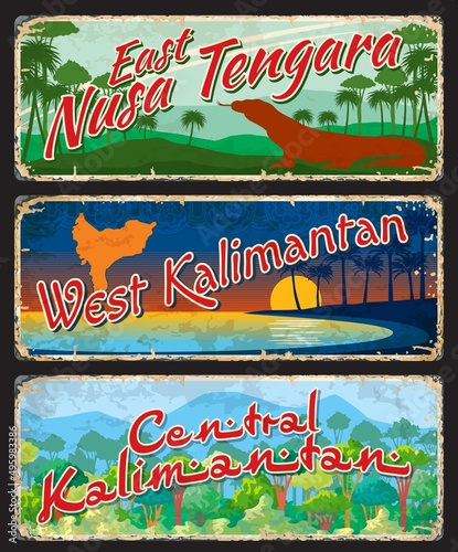 West and Central Kalimantan, East Nusa Tengara indonesian travel plates. Indonesia region retro tin sign, indonesian province vector sticker with monitor lizard, tropical forest and beach landscape photo