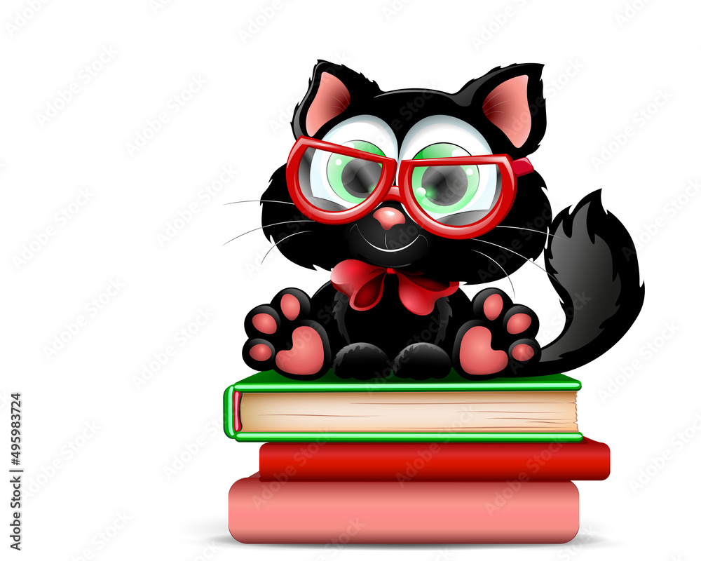 Black Cat with books and glasses.  Education concept