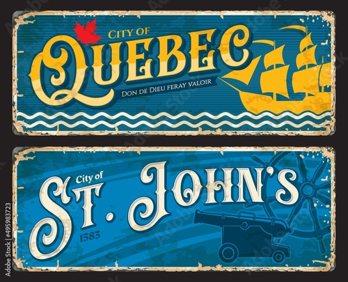 Quebec and St Johns canadian cities plates and travel stickers, vector tin signs with landmarks. Canada and North America tourism luggage tags or welcome signs with provinces or regions emblems