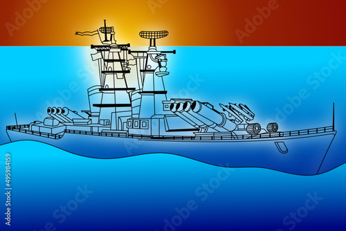 Kriegsschiff mit Sonnenuntergang
