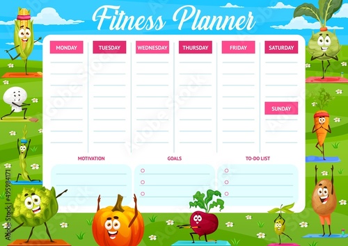 Weekly fitness planner schedule with cartoon vegetables, vector agenda calendar for gym. Fitness planner for workout, diet and sport exercises with goals, motivation and to-do list notes on timetable