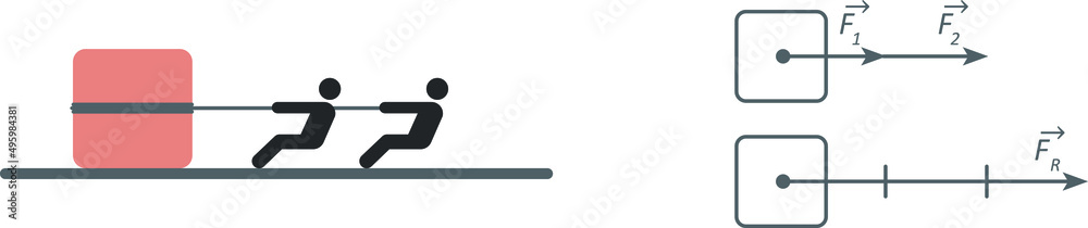 © Patrícia F. Carvalho - Isolated vector illustration of the resultant of two forces with same direction. Two people pulling a box.