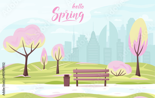 Spring or summer city park with city silhouette and hello spring lettering sign. Blossom trees and bushes, bench in city park, holidays concept. Urban outdoor. Vector illustration in flat style