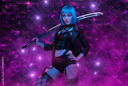 Sexy cyberpunk woman with sword posing against violet background