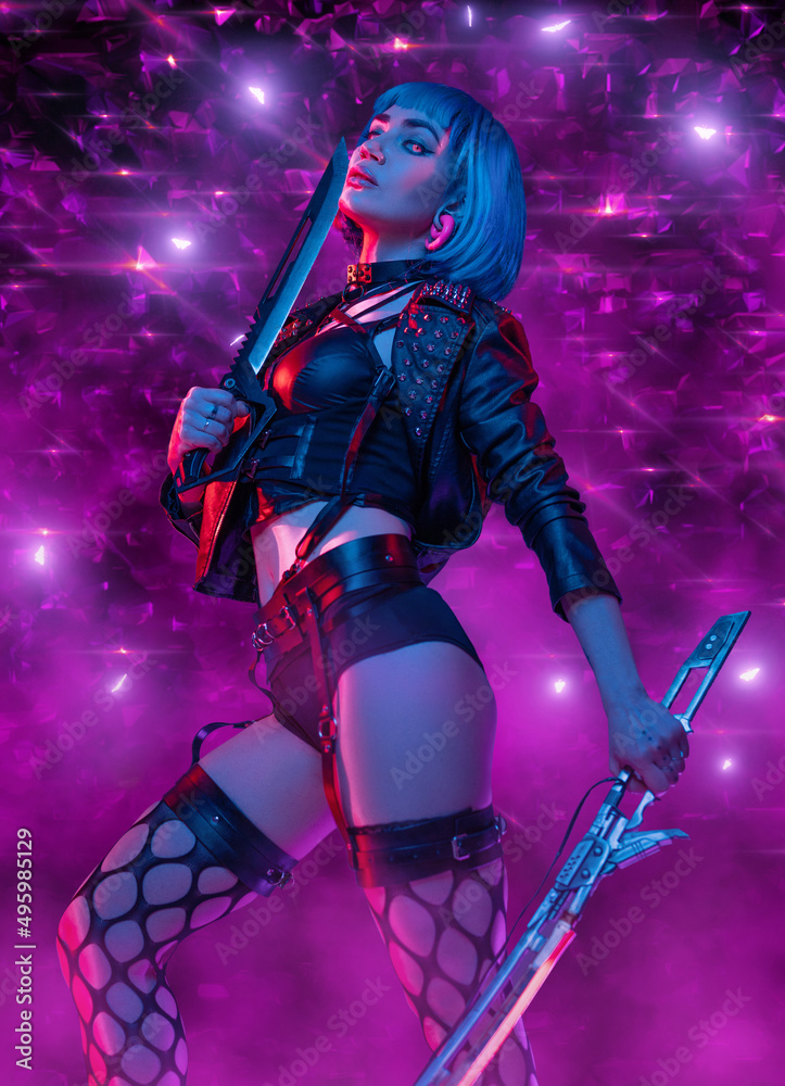 Glamorous cyberpunk girl with sword and knife agianst violet background Glamorous cyberpunk girl with sword and knife agianst violet background