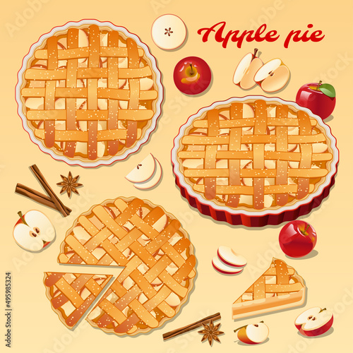 Drawing of an apple pie, a piece of apple pie, apples, cinnamon sticks, cinnamon stars.Vector image.