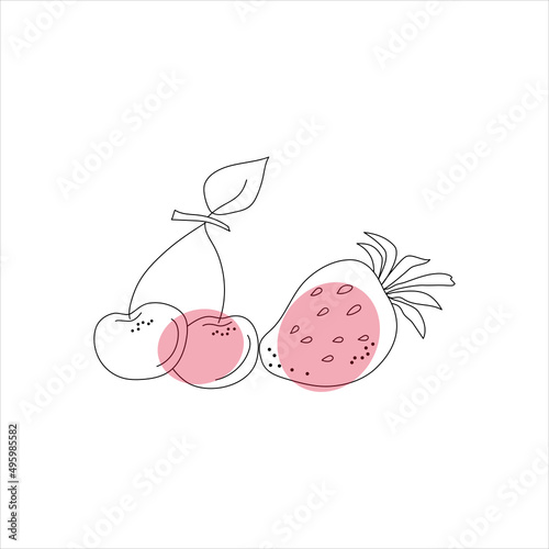  Fruits abstract. Berries. Strawberries and cherries. Vector illustration, food set. Doodle style.