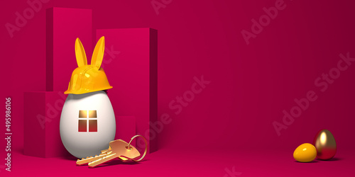 Canvas Print Yellow protective helmet with rabbit ears and an egg colored as a symbolic house