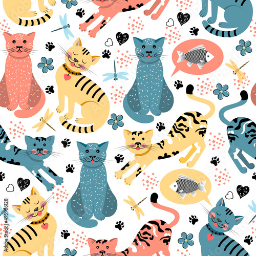 Vector seamless pattern with cute cats. Modern background with funny kittens, dragonflies, fish, flowers and hearts. Repeating template with animal tracks. Wallpaper with pets for children's textiles.