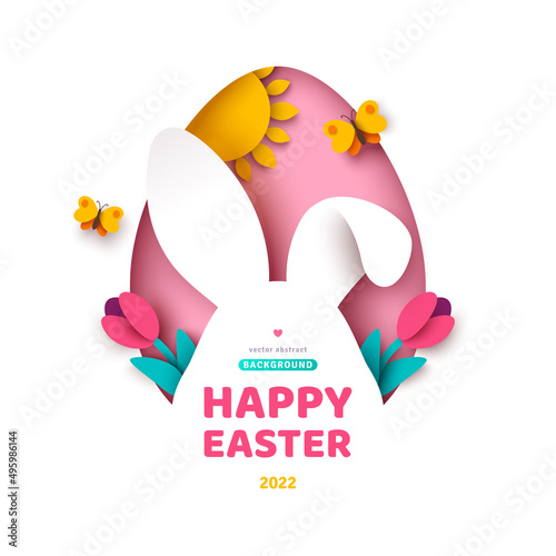 Easter card with bunny rabbit in egg shape frame, spring flowers, sun and butterfly. Modern concept background. Vector illustration. Place for your text. Hare head with ears, paper cut icon.