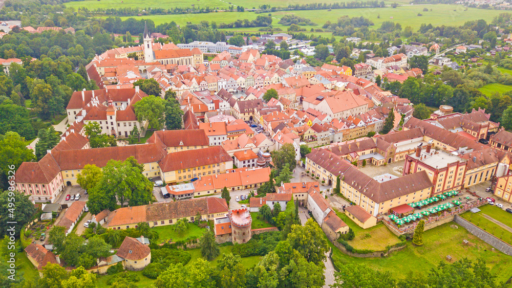 Aerial view of town Trebon. Famous tourist destination with spa, brewery, castle and beautiful lakes around. South Bohemia in Czech republic, European union.