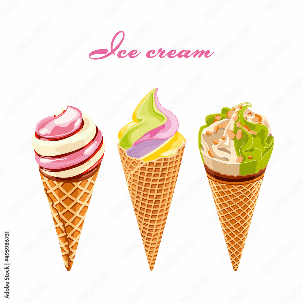 Ice cream. Realistic set of isolated images of ice cream with various fillings vector illustration. Decor for clothes, a picture for a card on a white background.