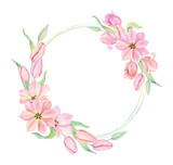 Watercolor pink tulip wreath. Spting floral frame isolated on white background.