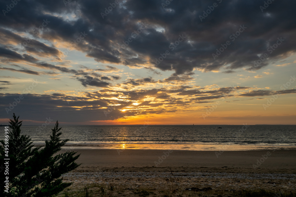 atlantic ocean with smooth wave and sunset sky abstract background. Copy space of business summer vacation and travel adventure concept. Vintage tone filter effect color style.