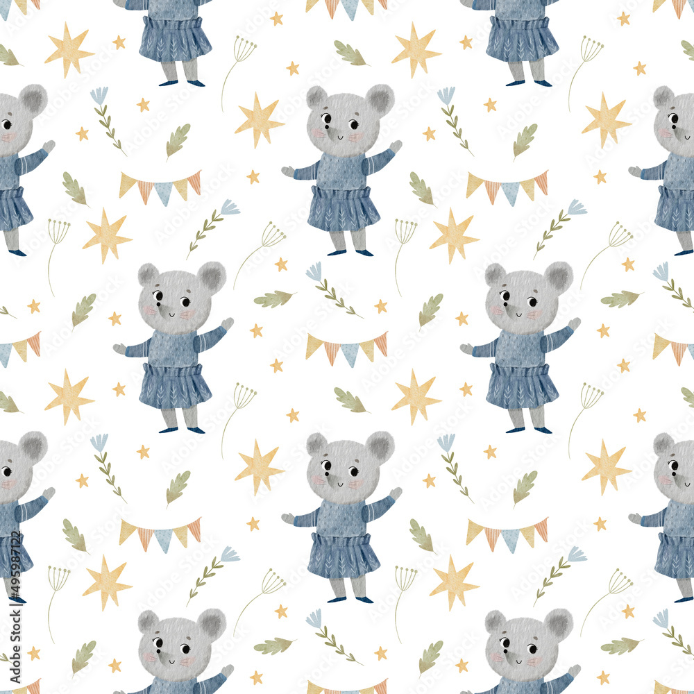 Watercolor seamless pattern with cute mouse and holiday decoration. Perfect for children's room décor, fabric, wallpaper, paper products, surface print and wrapping paper Watercolor seamless pattern with cute mouse and holiday decoration. Perfect for children's room décor, fabric, wallpaper, paper products, surface print and wrapping paper