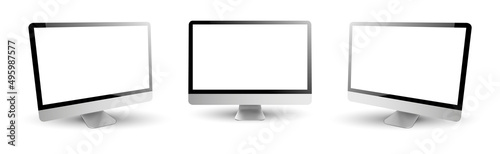 Three Computer Monitors with blank white screen. Vector illustration mockup.