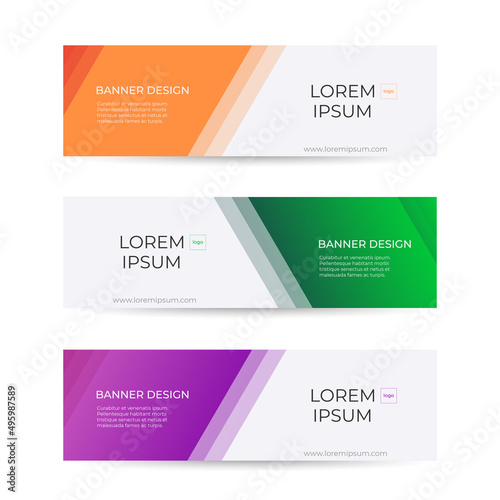 Collection of horizontal promotion banners with gradient colors and abstract geometric elements. Header design.