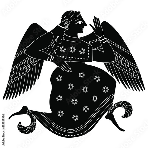 Winged ancient Greek goddess Eris or Nike. Vase painting style. Black and white negative silhouette.