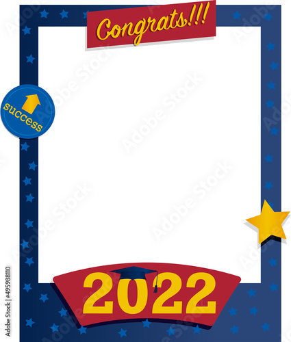 Vector of 2022 graduate photo frame in blue and red. Congratulatory photoboth and selfie concept at the end of high school or university