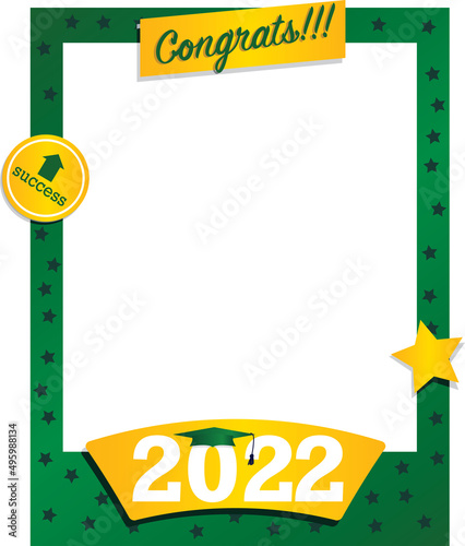 Vector of 2022 graduate photo frame in green and yellow color with mask and cap. Congratulatory photoboth and selfie concept at the end of high school or university