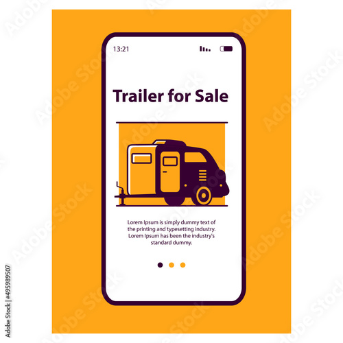 Rv camper trailer purchase.Truck camper sale mobile application..Travel trailers.Motorhome caravan car.Isolated on white background. Vector flat illustration. Cartoon character.