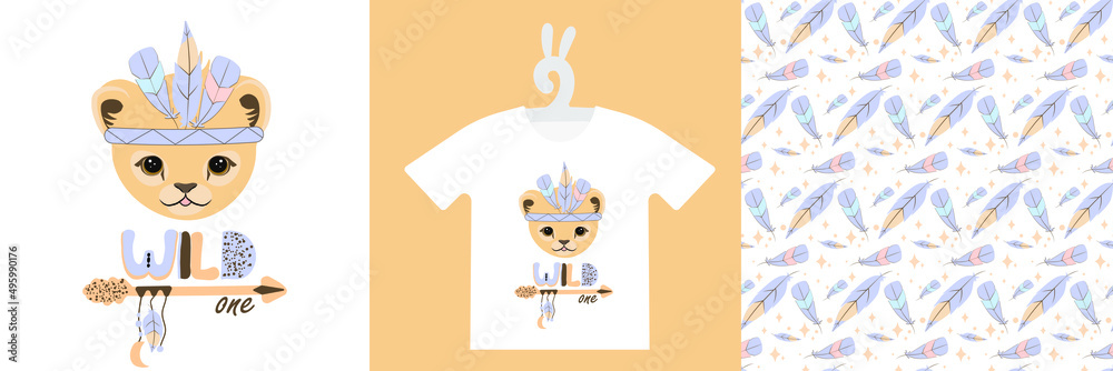 Baby Animal Prints and seamless pattern on T-shirts, sweatshirts, clothing, textile. Drawn cute lion cub. Isolated vector illustration Baby Animal Prints and seamless pattern on T-shirts, sweatshirts, clothing, textile. Drawn cute lion cub. Isolated vector illustration