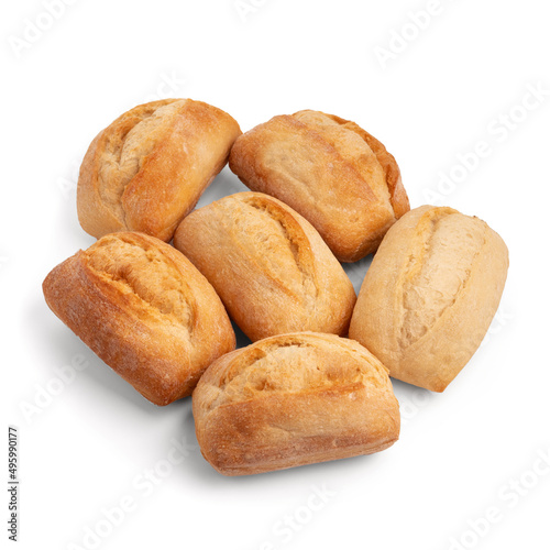 Freshly baked wheat buns isolated on white with shadow