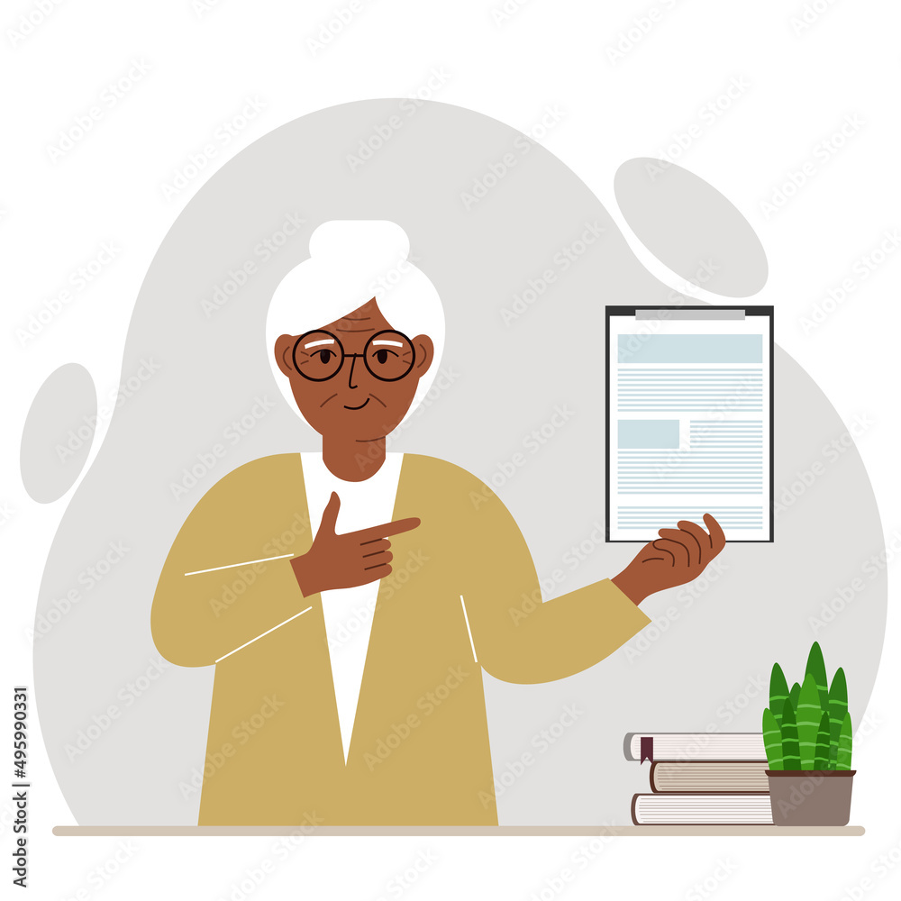 Contented grandmother holding a clipboard with a document and points his finger at it. Vector