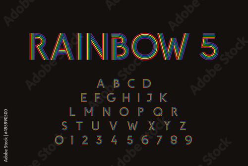 Rainbow 5 Hand Crafted Sans Serif Style Font Lettering - Five Colors Stripes Retro Pop Style Grotesque Caps and Numerals on Black Background - Typography Graphic Design