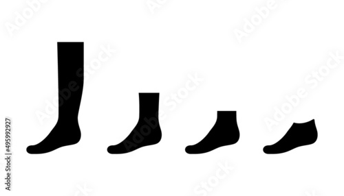 Set sock for man from long to short, black silhouette template. Sport and regular sock. Mockup clothes side view. Vector contour illustration