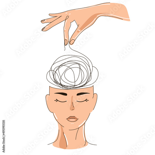 Psychotherapy concept,head of a patient with confused thoughts and problems and disorders and the hand of a specialist helping to treat and unwind the tangle of problems.Mental Health Day.Vector 