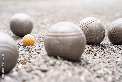 Close up metal balls on court petanque french outdoor game 