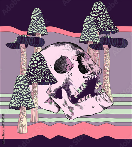 Vector print of a skull with mushrooms in the style of the 70s