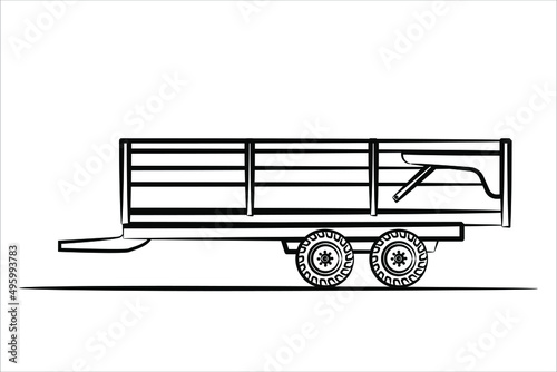 Agricultural Trailer isolated on white background. Farm Trailer abstract silhouette on white background.  A hand drawn line art of a trailer. Vector illustration view from side.