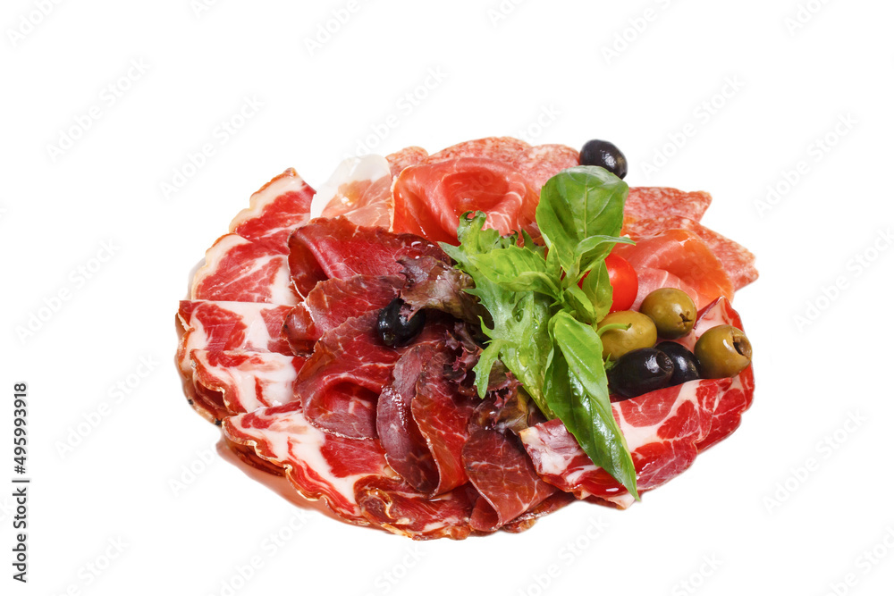 Sausage, ham, ham, meat are on the plate. Sausage, ham, ham, meat are on the plate.