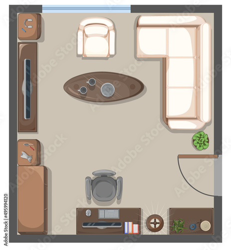 Living room architectural plan. Top (above) view. Apartment vector design. Standard size furniture elements. Sofa, armchair, lamp, coffee table, TV, computer, cupboard.