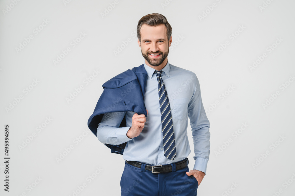 Closeup portrait of caucasian successful young businessman ceo bank employee freelancer worker in formal suit looking at camera isolated in white background Closeup portrait of caucasian successful young businessman ceo bank employee freelancer worker in formal suit looking at camera isolated in white background