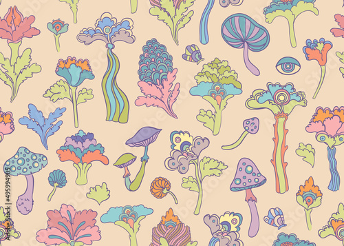 Colorful flowers and mushrooms seamless pattern, retro 60s, 70s hippie style ...